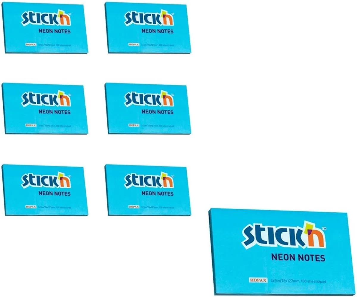 sticky notes - 6-pack - 76x127mm, 100 memoblaadjes per blok von Stick'n in Neon blauw – Produktfoto