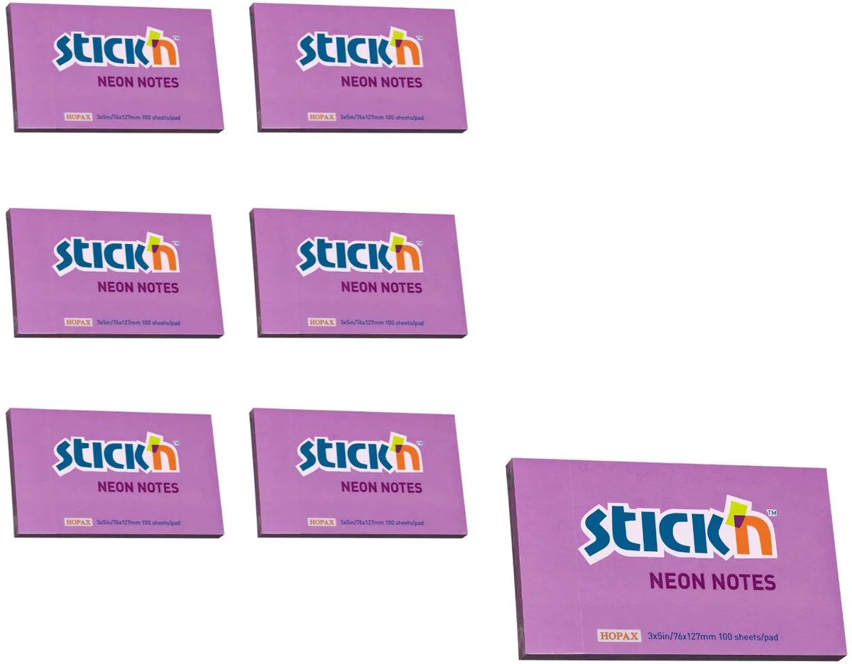 sticky notes - 6-pack - 76x127mm, 100 memoblaadjes per blok von Stick'n in Neon paars – Produktfoto