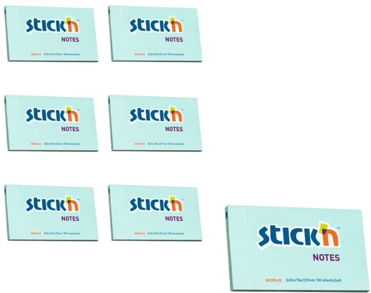 sticky notes - 6-pack - 76x127mm, 100 memoblaadjes per blok von Stick'n in Pastel blauw – Produktfoto