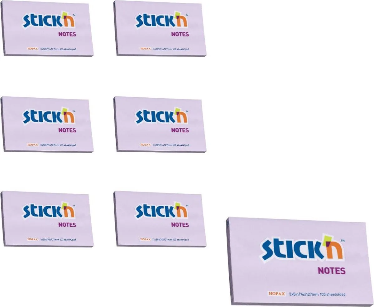 sticky notes - 6-pack - 76x127mm, 100 memoblaadjes per blok von Stick'n in Pastel paars – Produktfoto