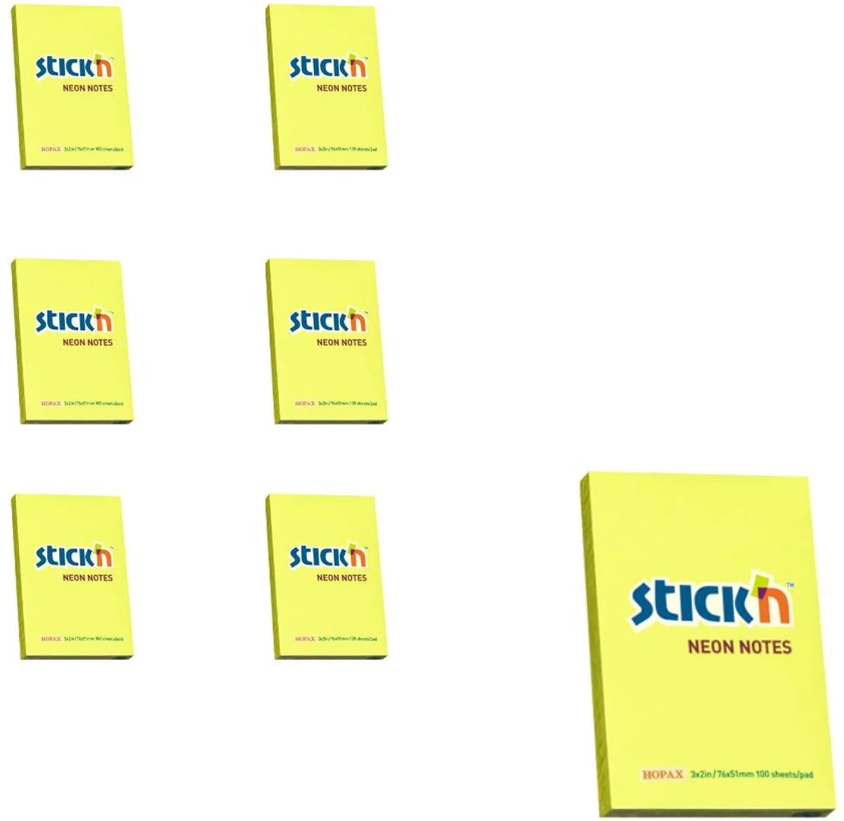 sticky notes - 6-pack - 76x51mm - 600 memoblaadjes von Stick'n in Neon geel – Produktfoto