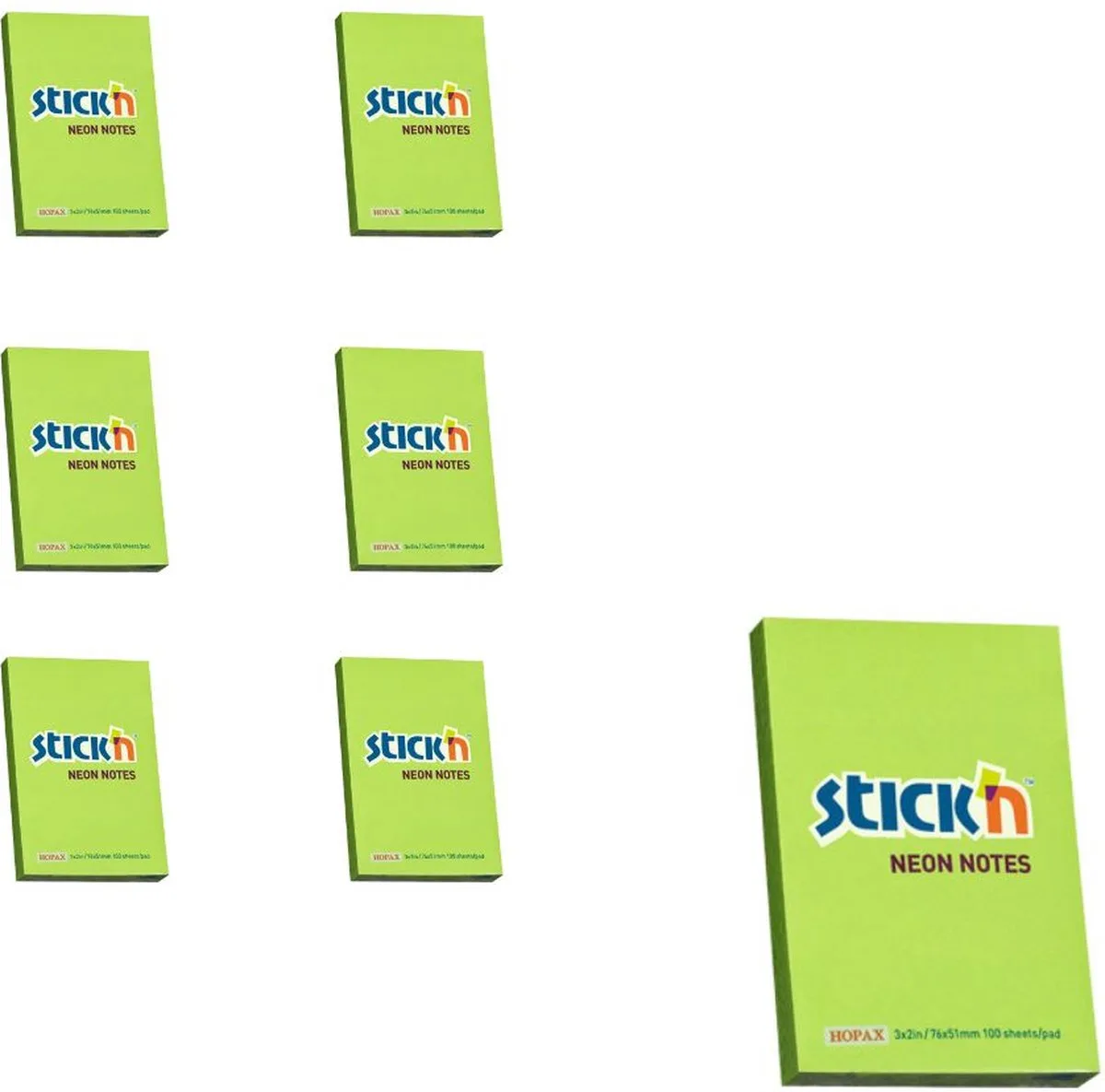 sticky notes - 6-pack - 76x51mm - 600 memoblaadjes van Stick'n in Neon groen – productfoto