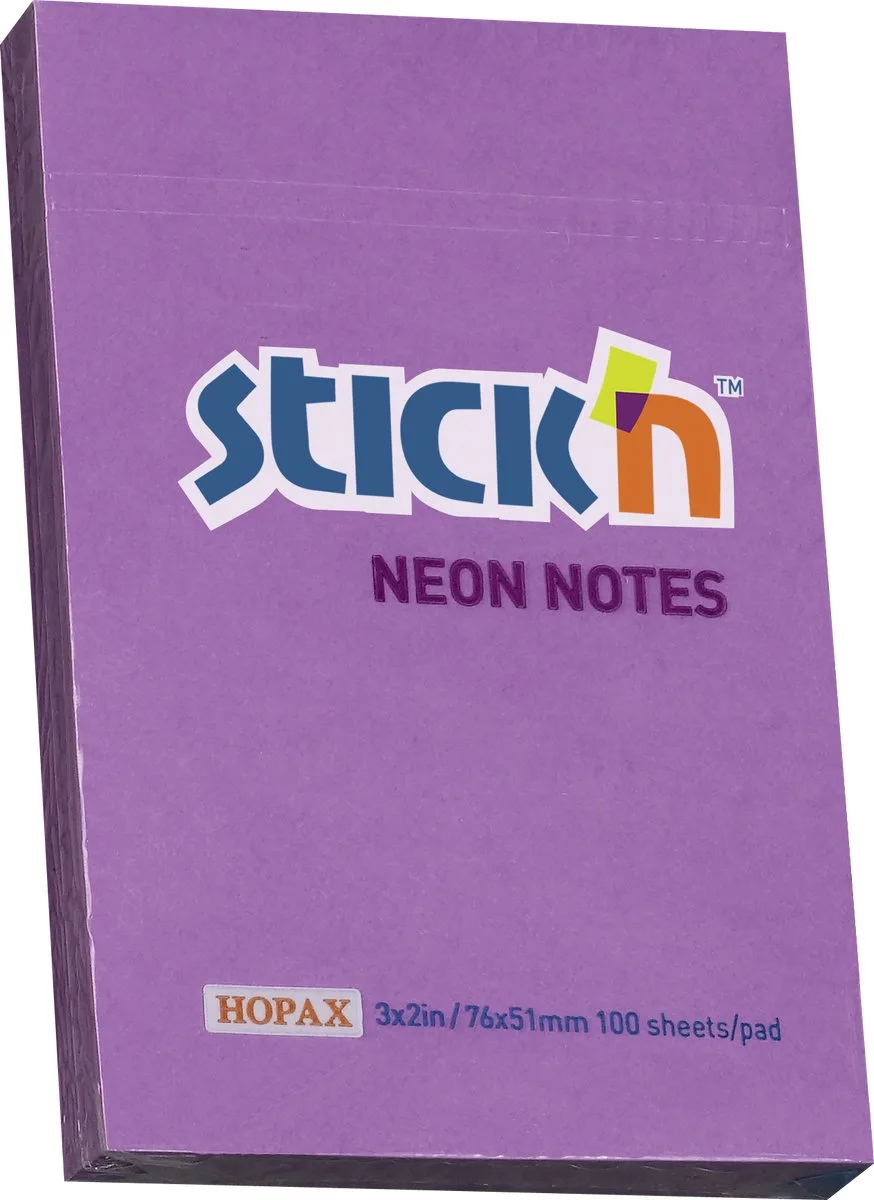 sticky notes - 6-pack - 76x51mm - 600 memoblaadjes von Stick'n in Neon paars – Produktfoto