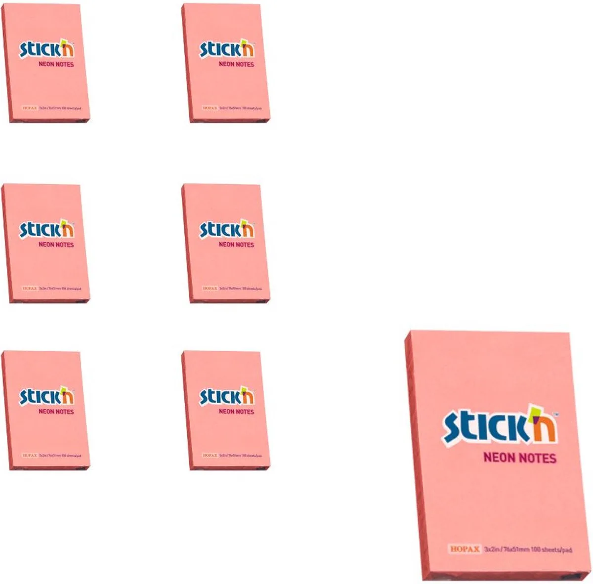 sticky notes - 6-pack - 76x51mm - 600 memoblaadjes van Stick'n in Neon roze – productfoto