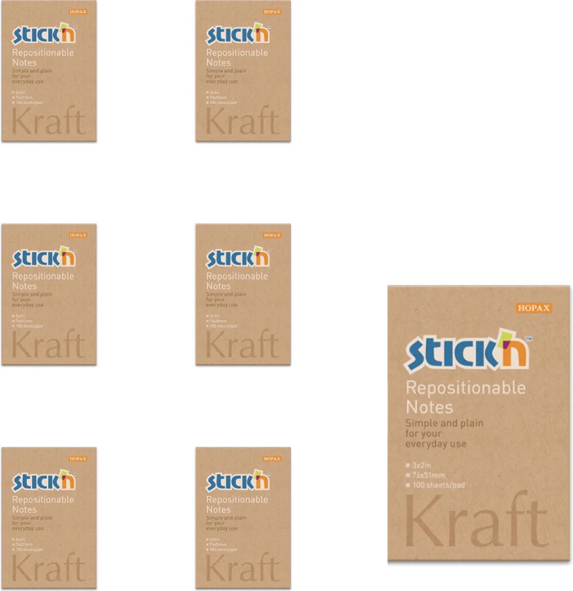 sticky notes - 6 pack - 76x51mm - kraft papier - 600 memoblaadjes van Stick'n in Bruin – productfoto