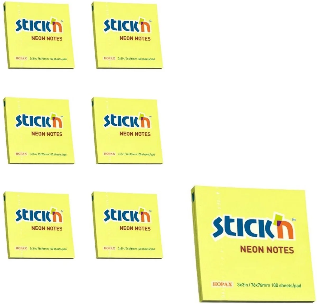 sticky notes 6-Pack - 76x76mm - 100 memoblaadjes per blok by Stick'n in Neon Geel – product photo