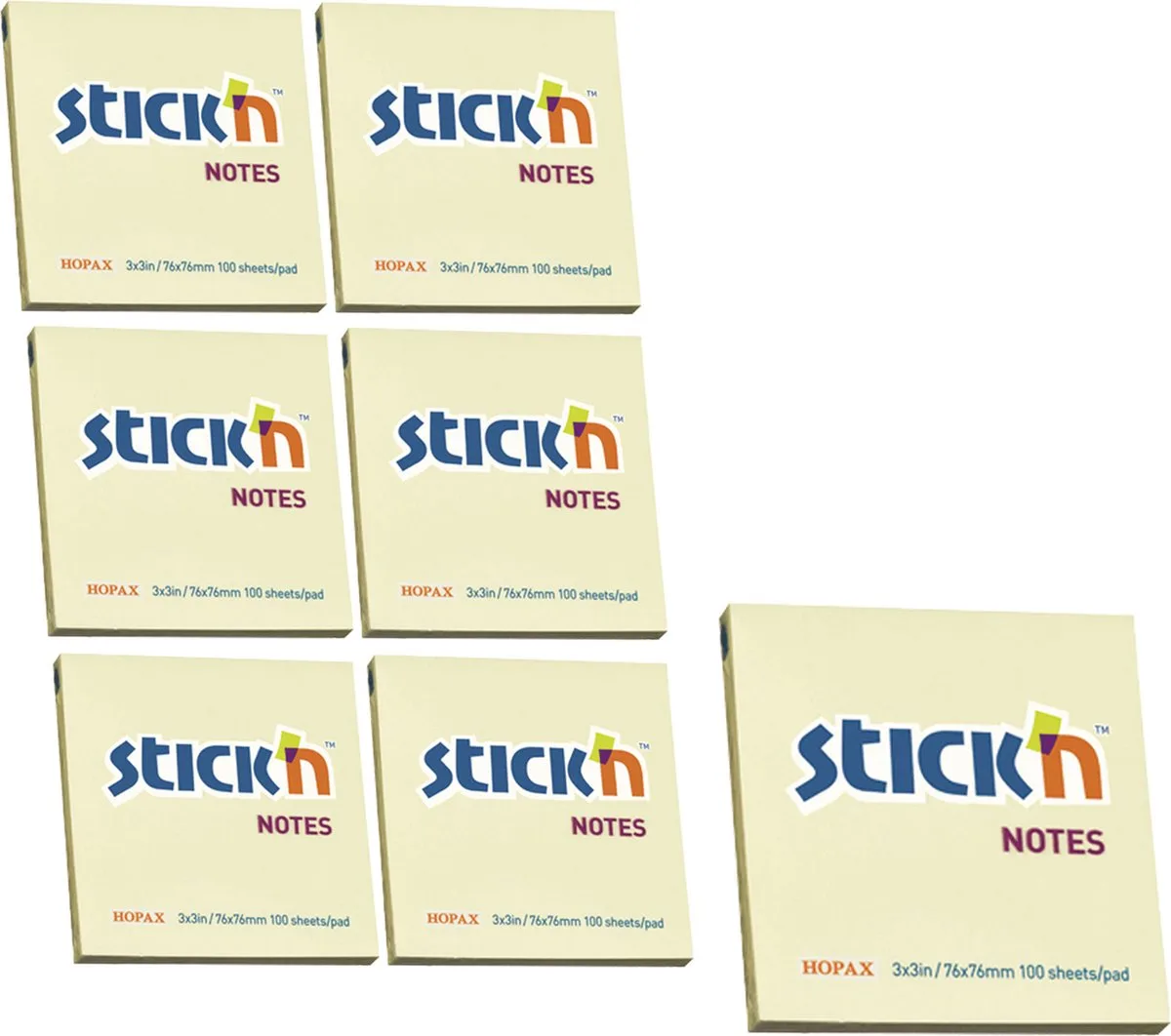 sticky notes 6-Pack - 76x76mm - 100 memoblaadjes per blok van Stick'n in Pastel geel – productfoto