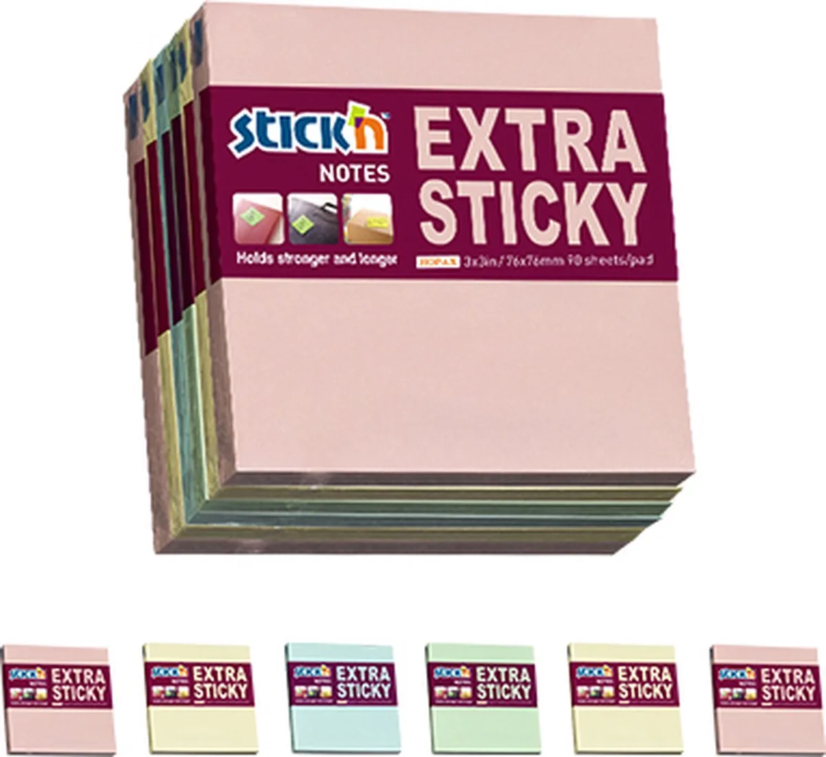 Sticky Notes - 6-pack - 76x76mm - Pastel - 90 Memoblaadjes per blok - Extra sticky van Stick'n in Pastel roze – productfoto