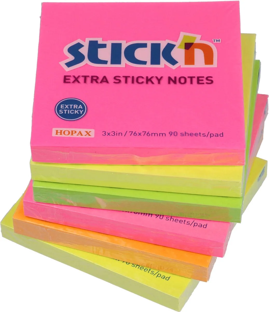 sticky notes 6-pack - extra sticky - 76x76mm - 540 memoblaadjes von Stick'n in Gemengd – Produktfoto