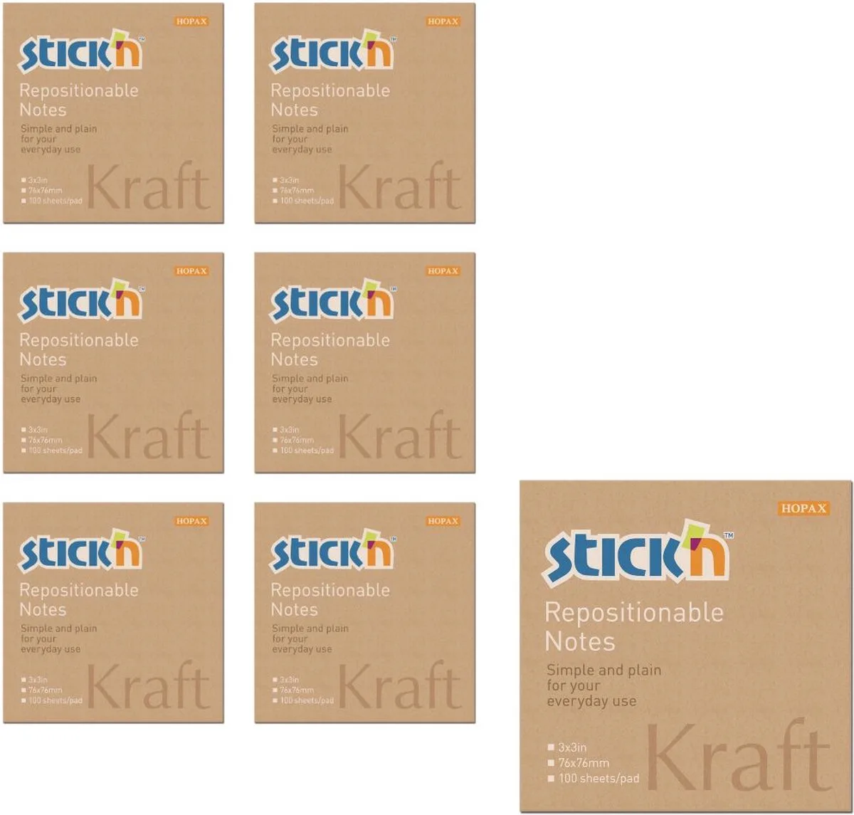 sticky notes - 6 Pack - Memoblok - 76x76mm - Kraft papier - 600 Memoblaadjes van Stick'n in Bruin – productfoto