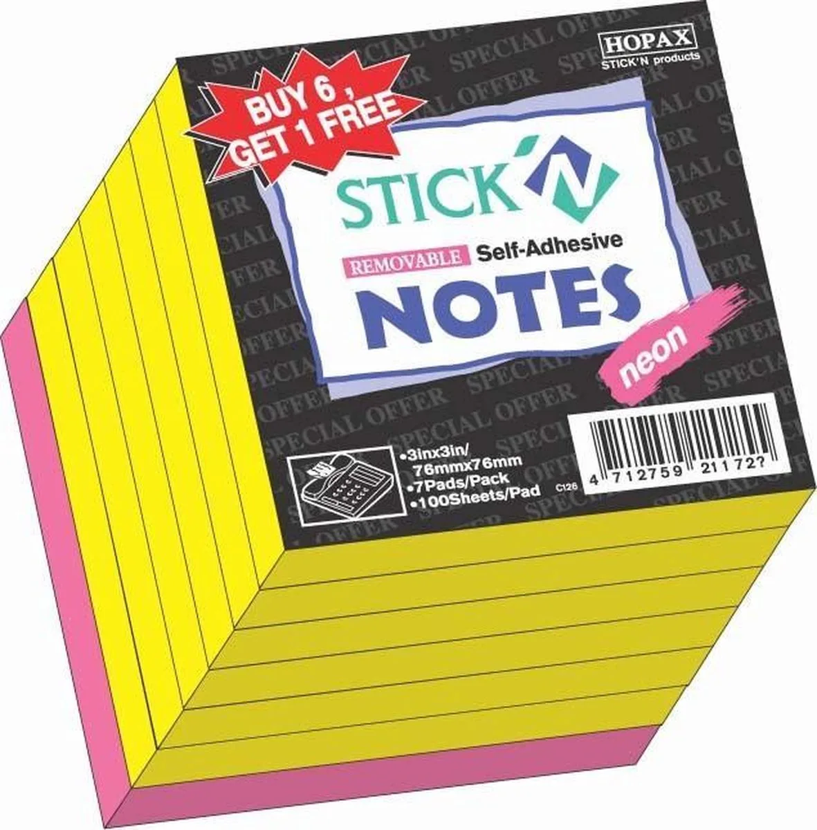 sticky notes - 6x neon geel + 1x neon roze - 76x76mm - 700 memoblaadjes van Stick'n in Magenta – productfoto