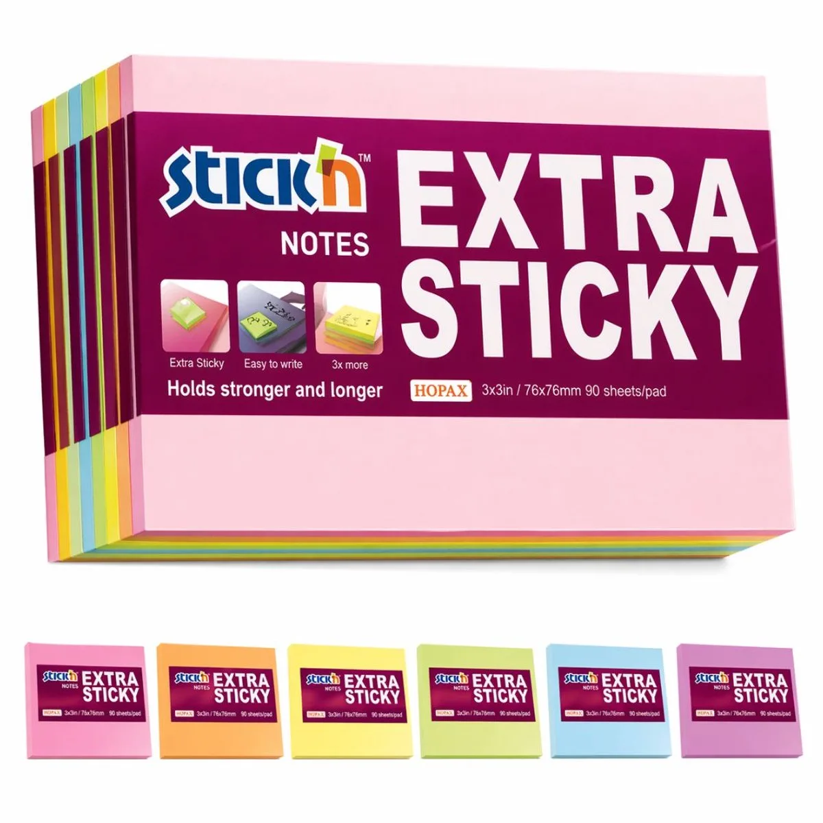 sticky notes - 76 x 127 mm - Extra sticky - 540 Memoblaadjes - 6 pads - geel - groen - blauw van Stick'n in Pastel roze – productfoto