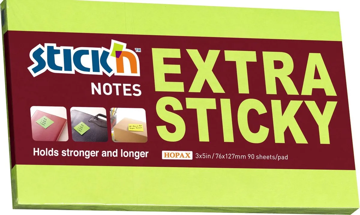Sticky Notes - 76x127mm - Extra Sticky - Neon - 90 Memoblaadjes 789456 von Stick'n in Grün – Produktfoto
