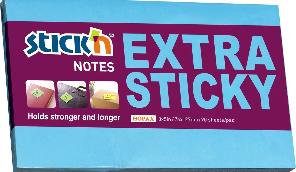 sticky notes - 76x127mm, extra sticky, neon 90 memoblaadjes van Stick'n in Blauw – productfoto