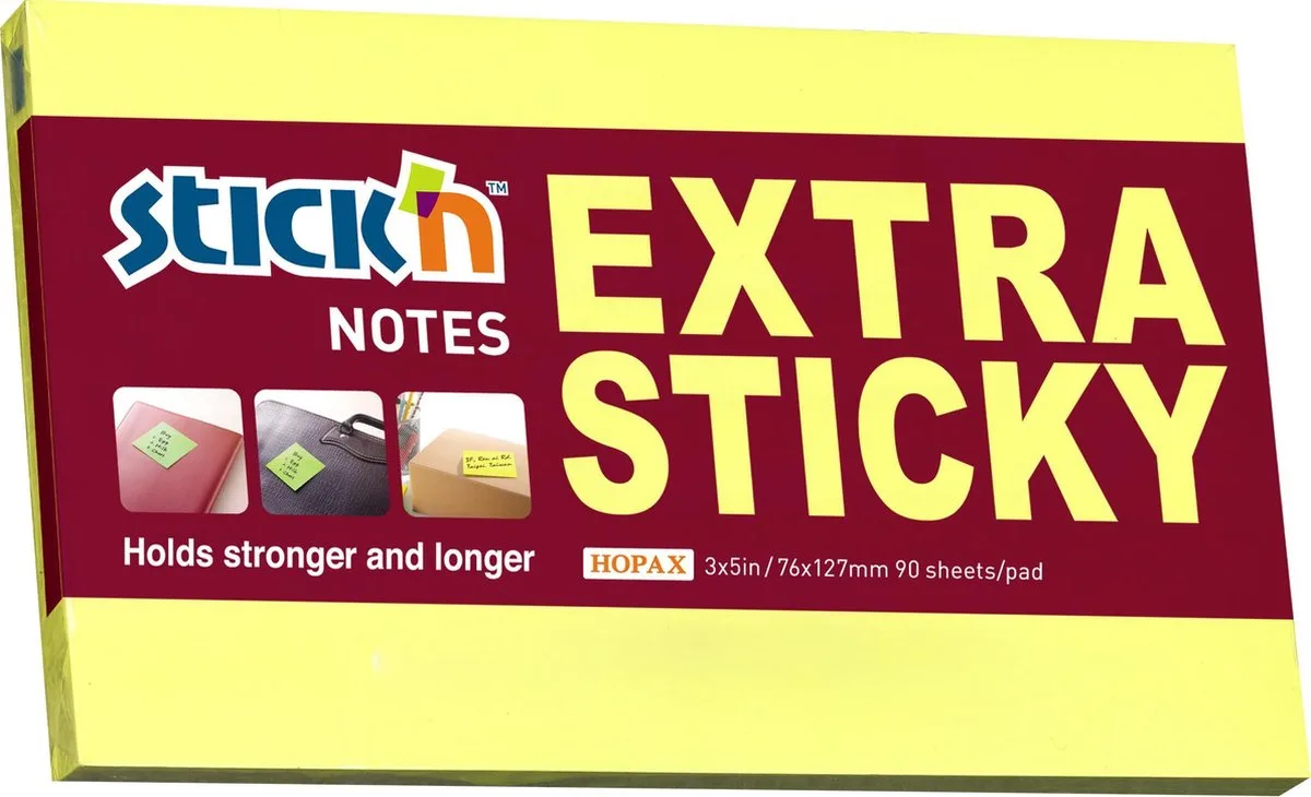 sticky notes - 76x127mm, extra sticky, neon 90 memoblaadjes von Stick'n in Gelb – Produktfoto