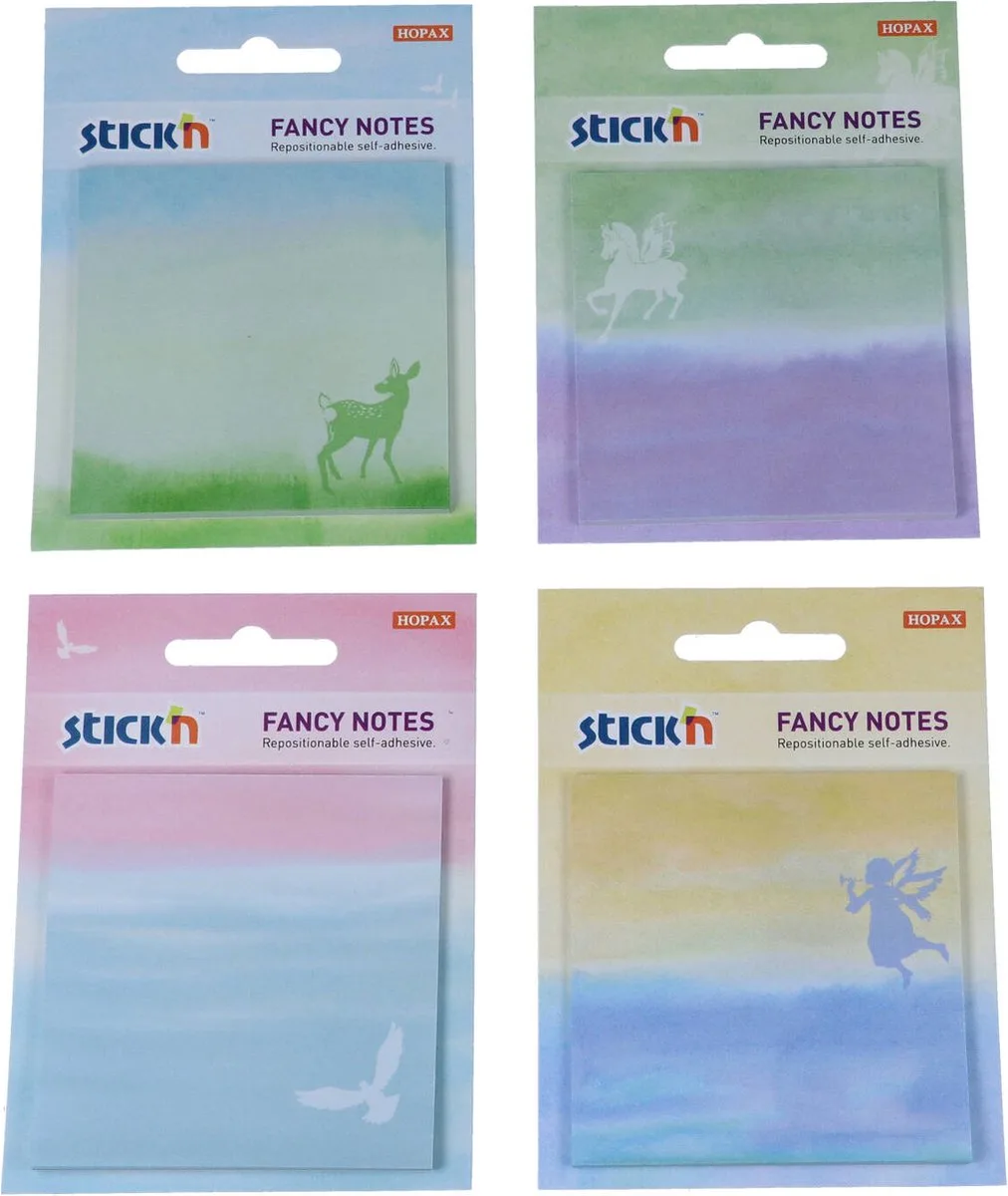 sticky notes - fantasie thema - 12 blokjes - 3 van elk thema - 76x76mm van Stick'n in Fantasiekleuren – productfoto