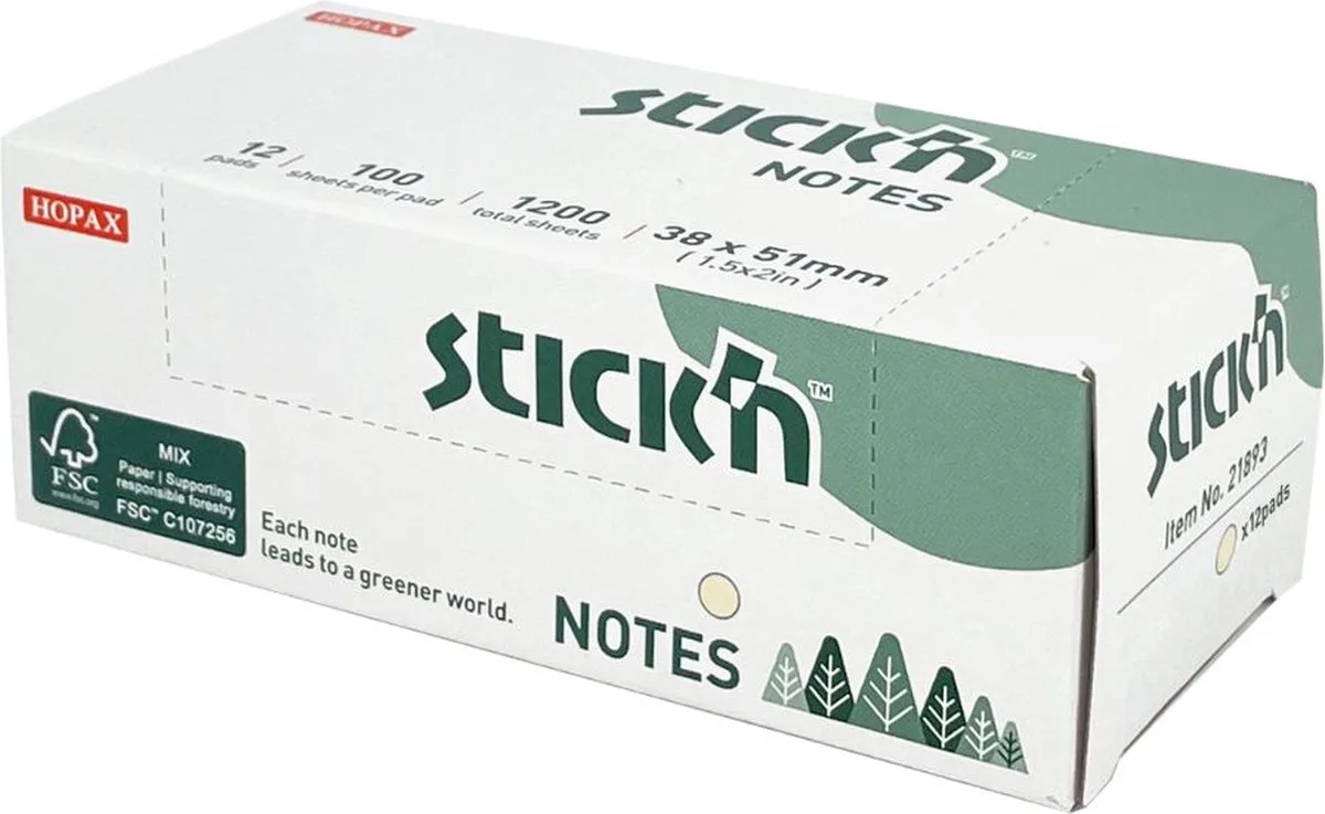 Sticky Notes - FSC - 38 x 51mm - 12 Pads - 100 Blaadjes per pad van Stick'n in Pastel Geel – productfoto