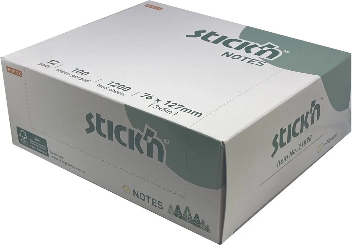 Sticky Notes - FSC - 76 x 127 mm - 12 stuks - 1200 memoblaadjes van Stick'n in Pastel geel – productfoto