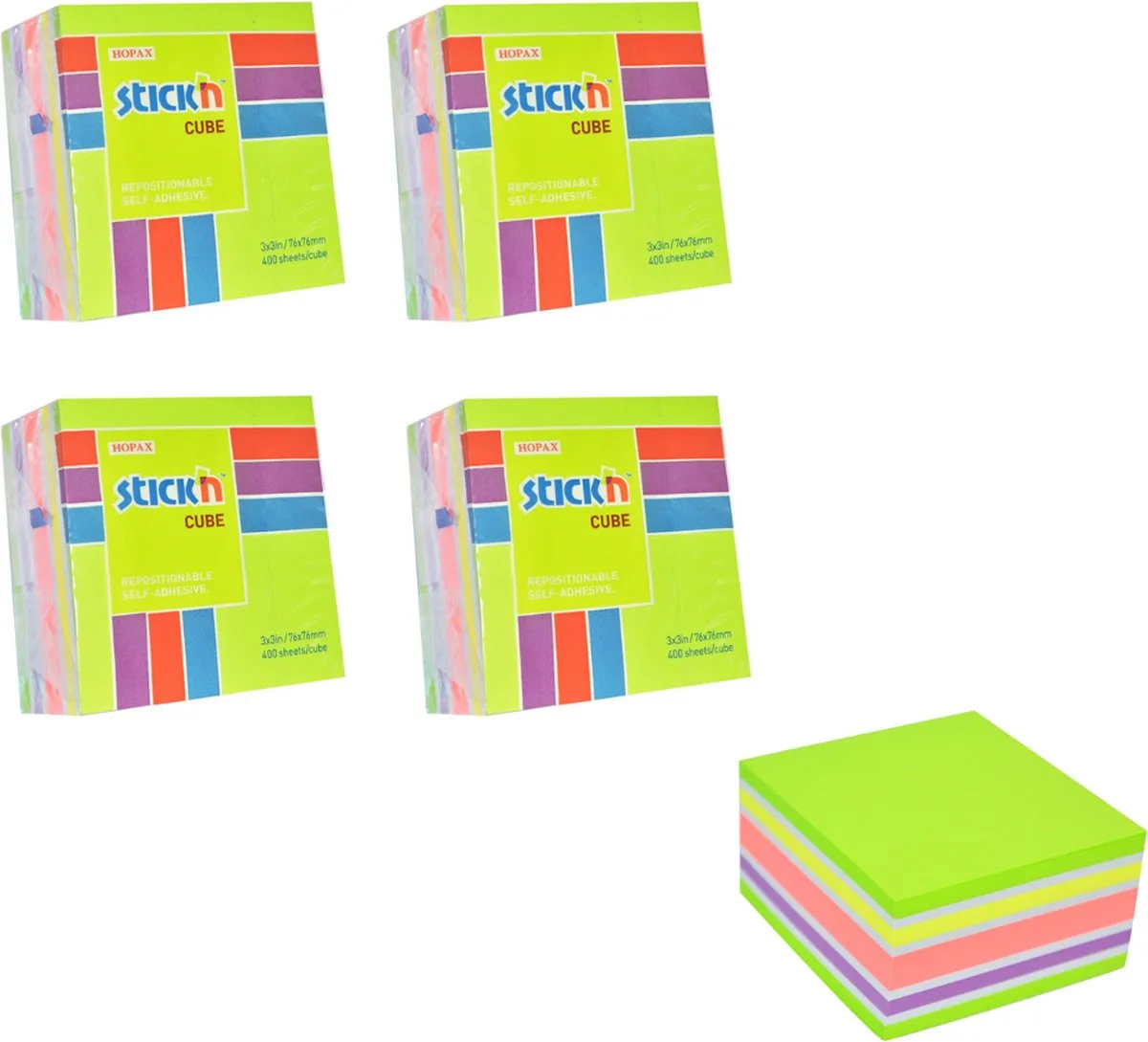 sticky notes kubus - 4 pack - 76x76mm, neon/pastel mix 1600 memoblaadjes van Stick'n in Groen – productfoto