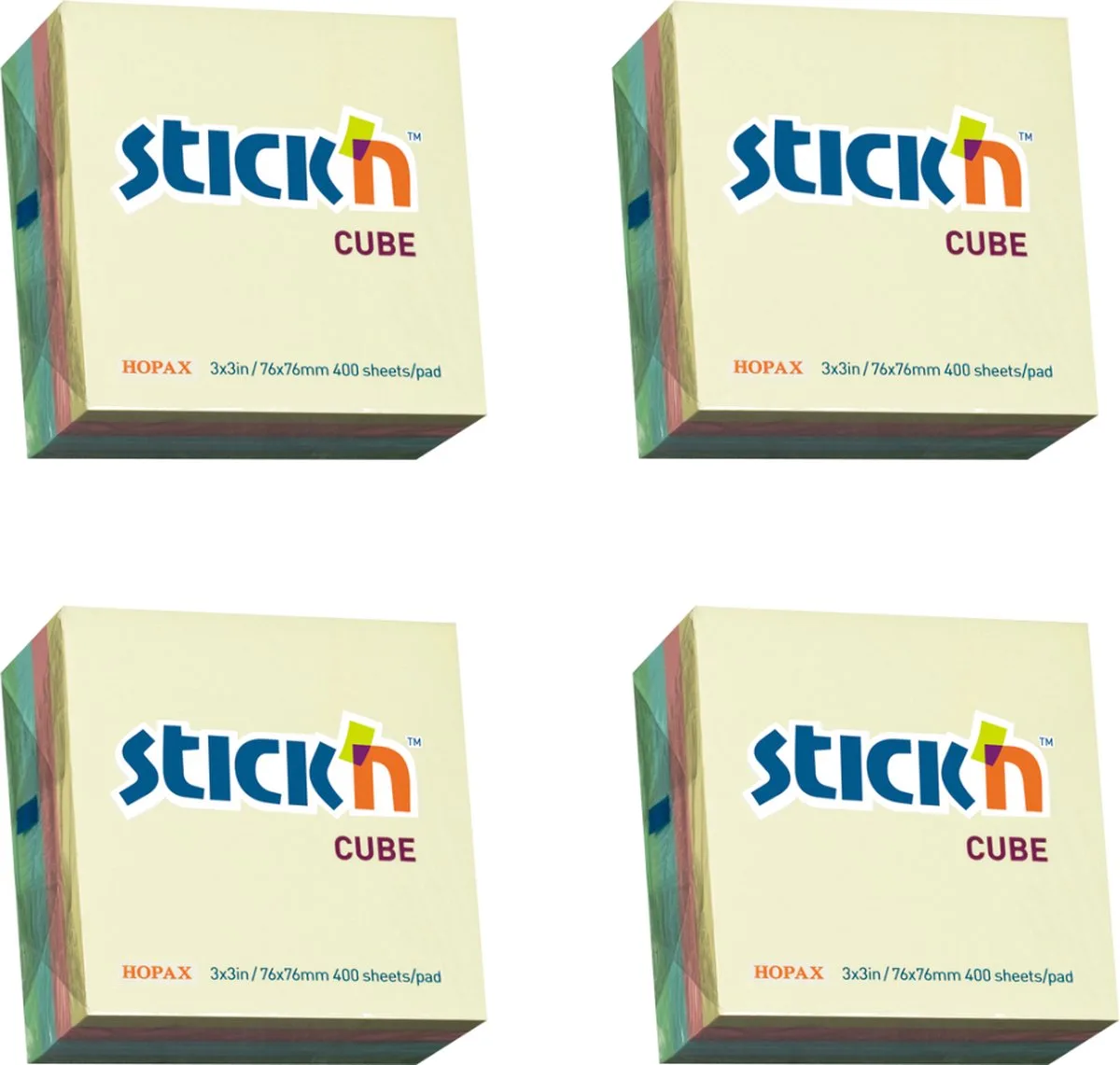 sticky notes kubus - 4 pack - 76x76mm, pastel ass. 4 kleuren , 1600 memoblaadjes 768847 van Stick'n in Gemengd pastel – productfoto