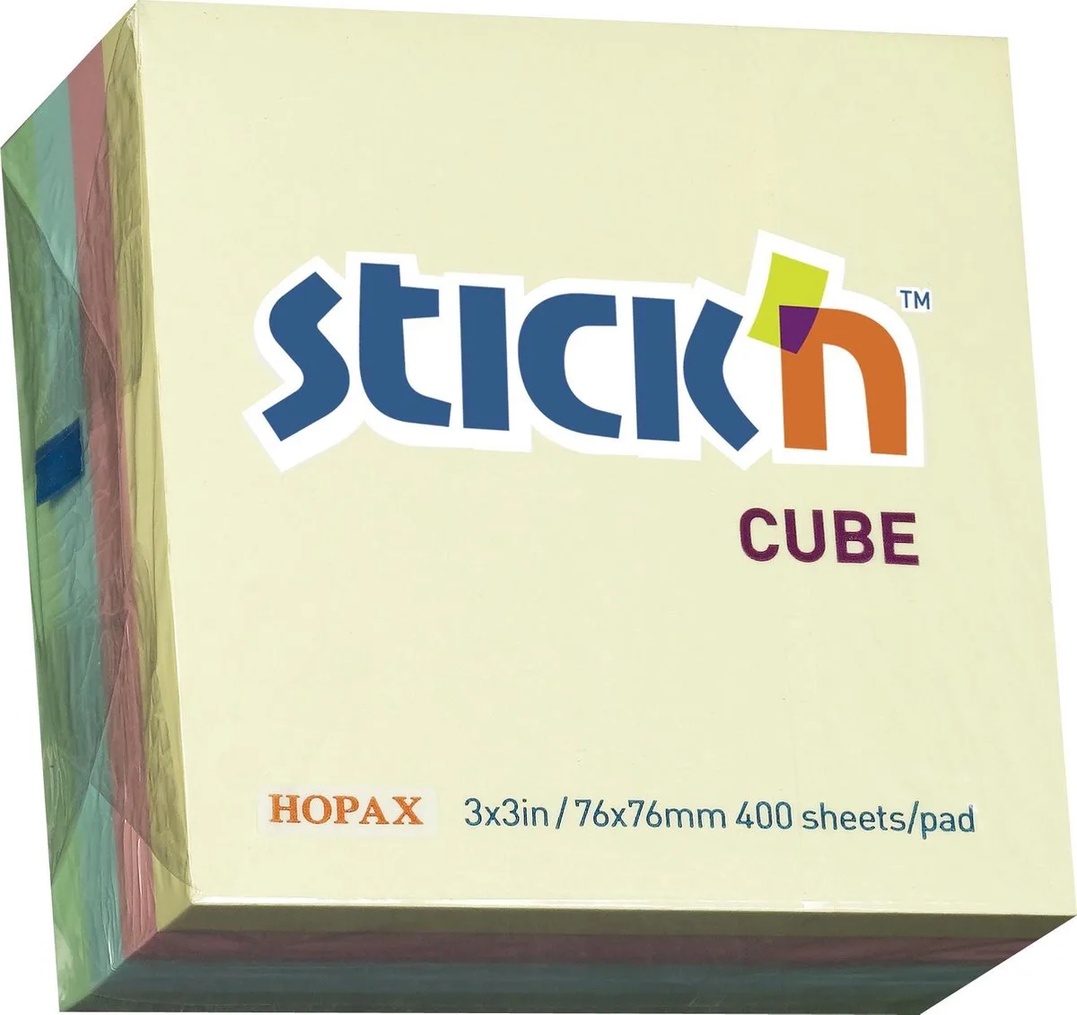 sticky Notes Kubus - 76x76mm - 4 kleuren - Pastel - 400 Memoblaadjes von Stick'n in Gemengd pastel – Produktfoto
