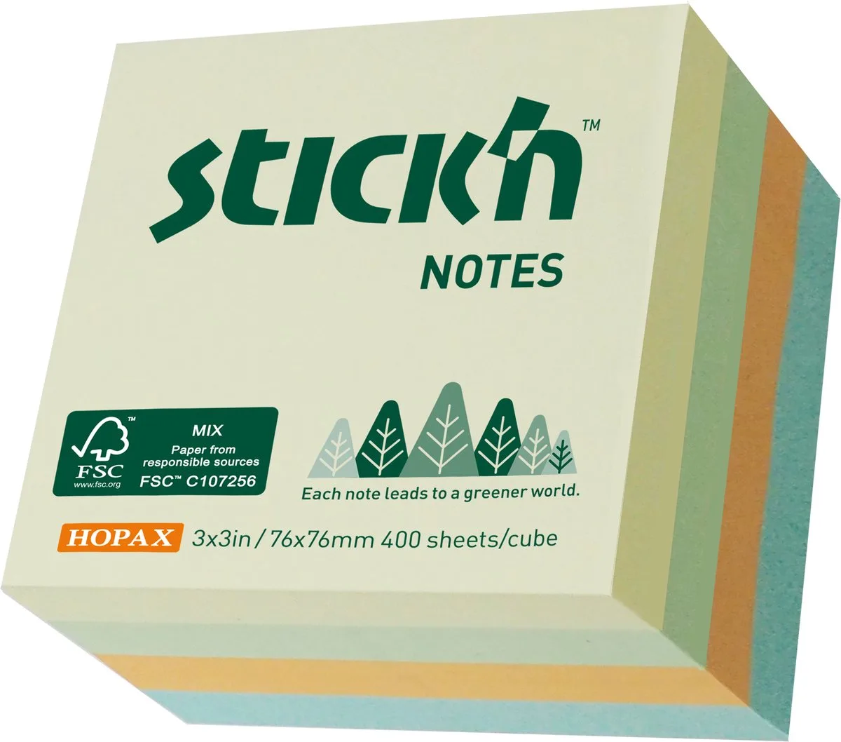 Sticky Notes Kubus - FSC - 76x76mm - 4 Pastel Kleuren 400 Memoblaadjes -Milieuvriendelijk van Stick'n in Pastel geel – productfoto