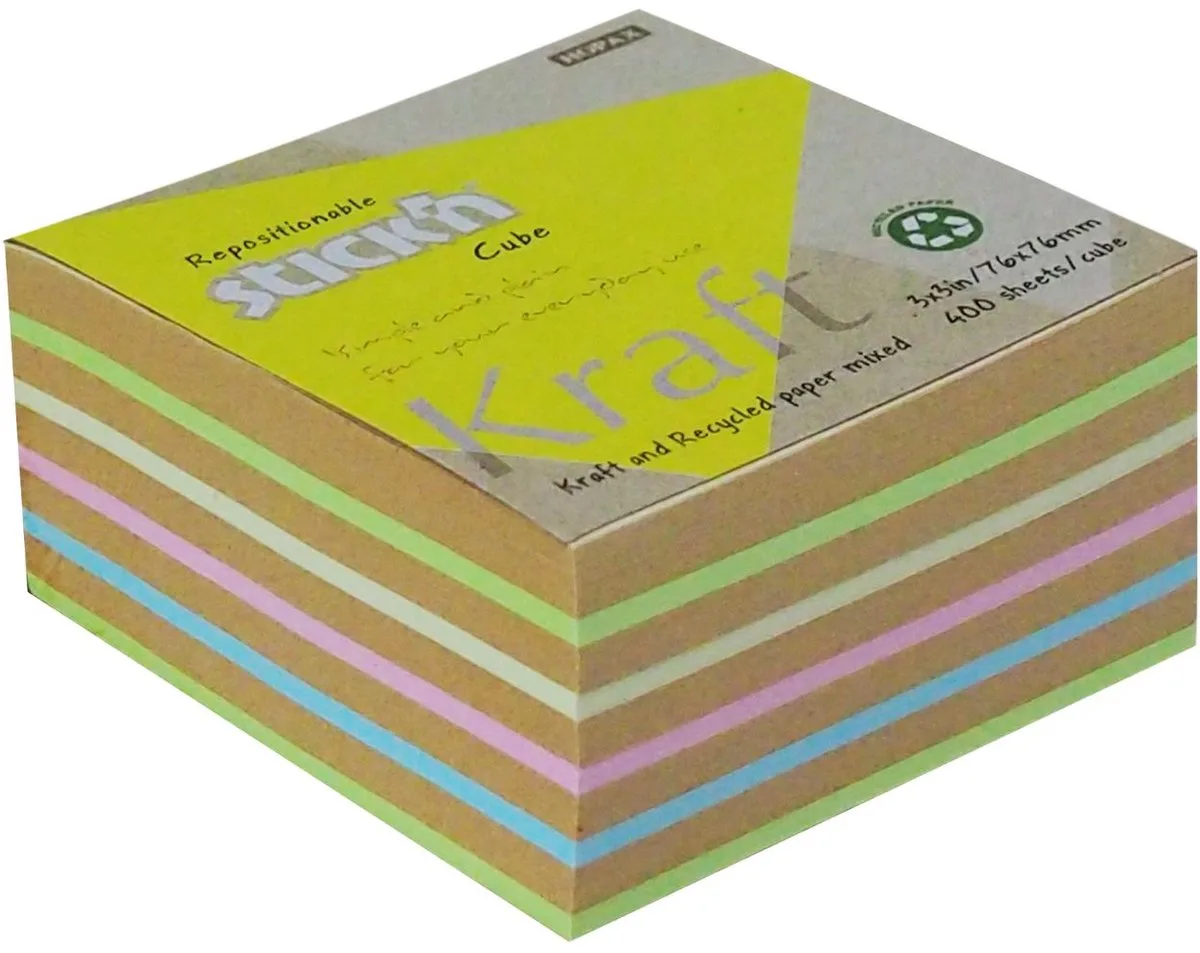 sticky notes kubus - Kraft - Recycled - 76x76mm - Meerdere kleuren - 400 memoblaadjes van Stick'n in Bruin – productfoto