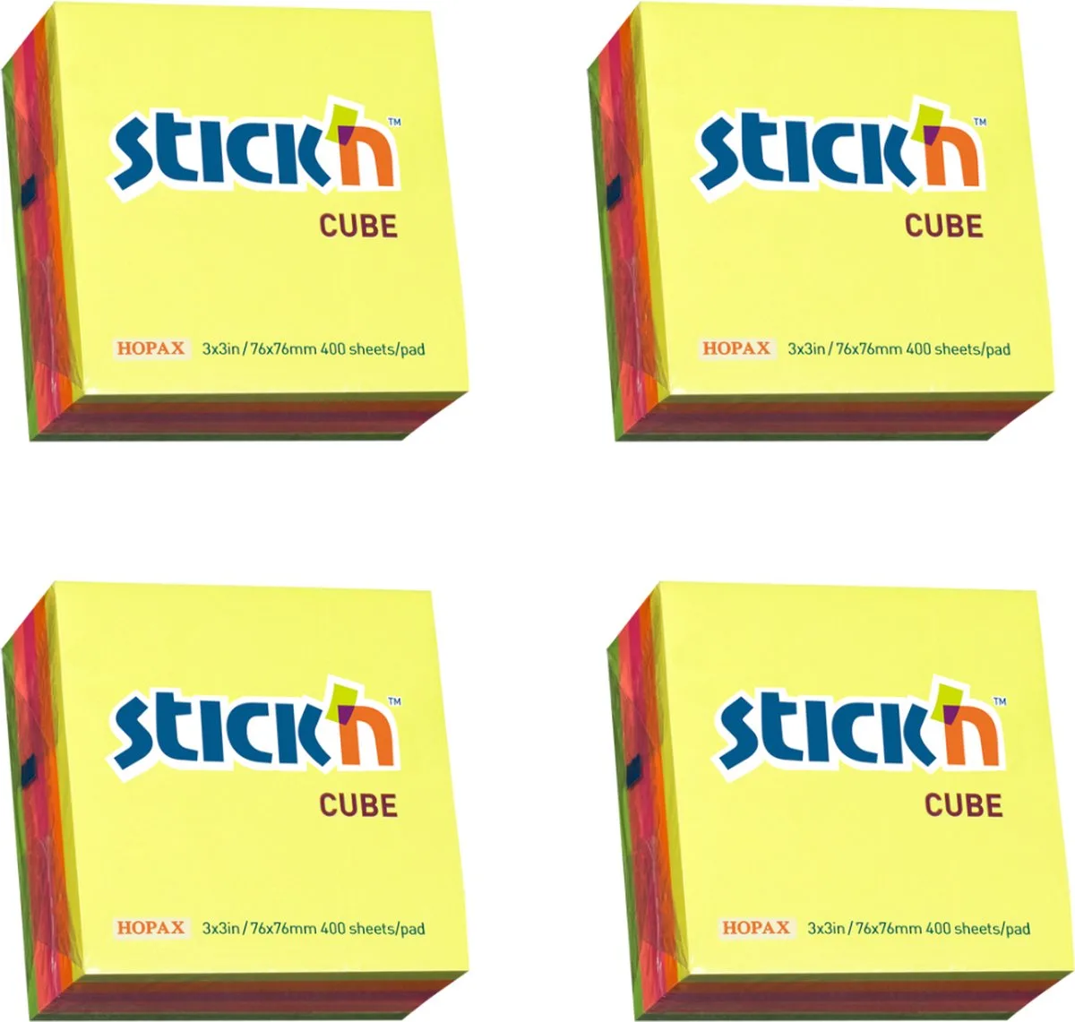 sticky notes Kubus memoblok - 4 pack - 76x76mm, neon assorti 5 kleuren, 1600 memoblaadjes van Stick'n in Gemengd neon – productfoto