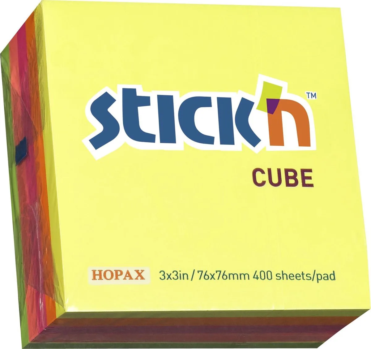 sticky notes - Kubus memoblok - 76x76mm - Neon Kleuren - 400 memoblaadjes van Stick'n in Gemengd neon – productfoto