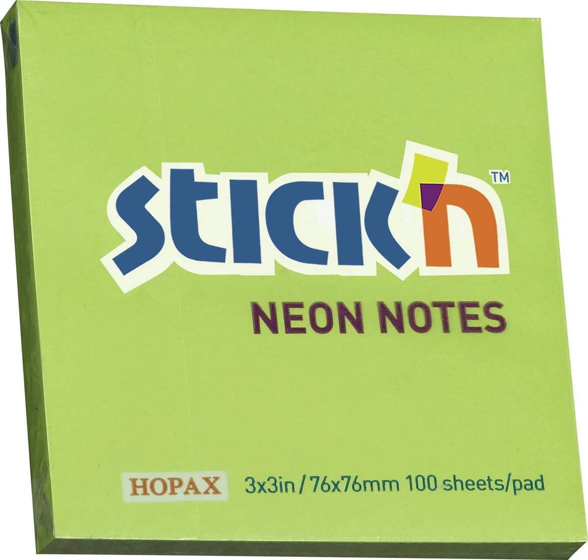 sticky notes - memoblok 76x76mm, 100 memoblaadjes fra Stick'n i Neon Groen – produktbillede