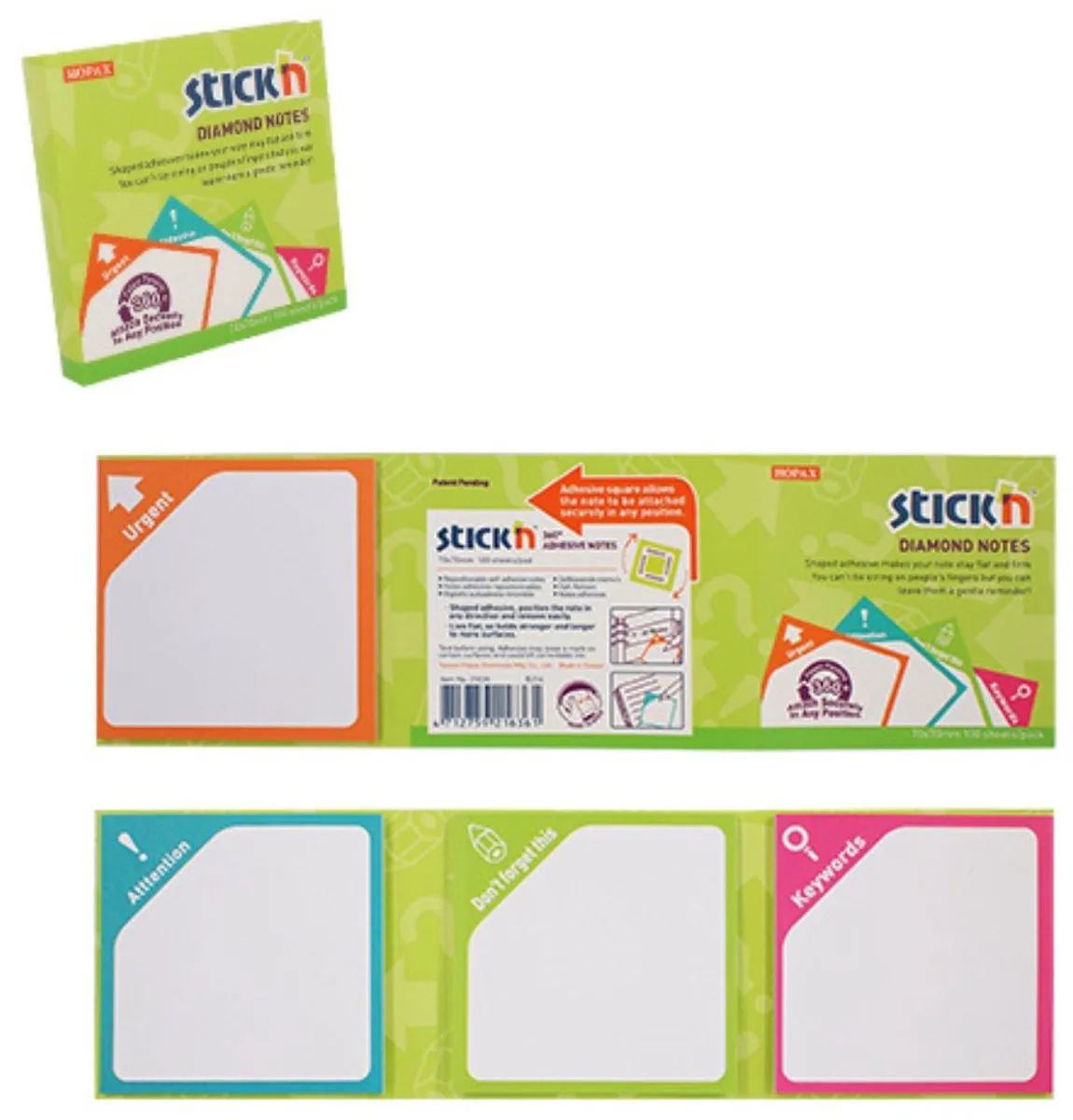 Sticky Notes - Met kenmerk - Attention - Don't forget - Keywords - Urgent - 100 memoblaadjes van Stick'n in Groen – productfoto