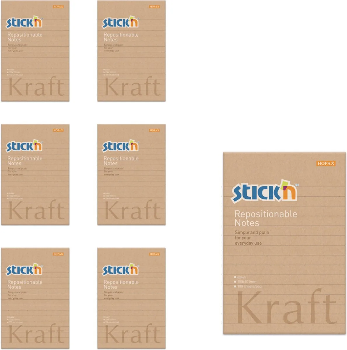 sticky notes schrift - 152x101mm gelinieerd, 6 stuks, kraft papier, 100 memoblaadjes van Stick'n in Bruin – productfoto