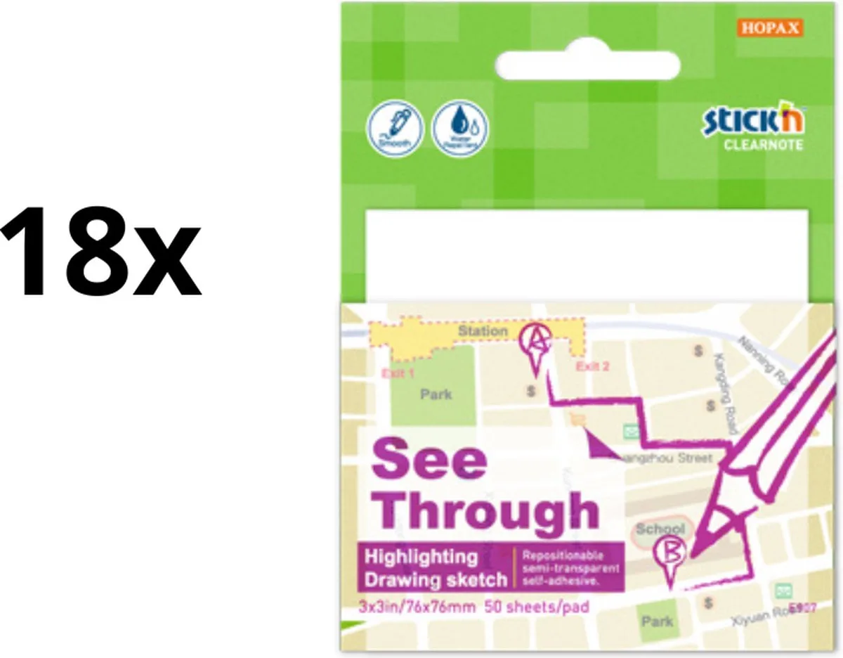 Transparante Sticky Notes - 76 x 76 mm - Wit - 18 Stuks - 50 Memoblaadjes van Stick'n in Wit transparant 76x76 – productfoto