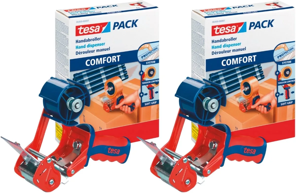 Comfort Serie - Verpakkingstape Dispenser - Chroom Mes - Regelbare Spanning van tesa in Rood, Blauw – productfoto