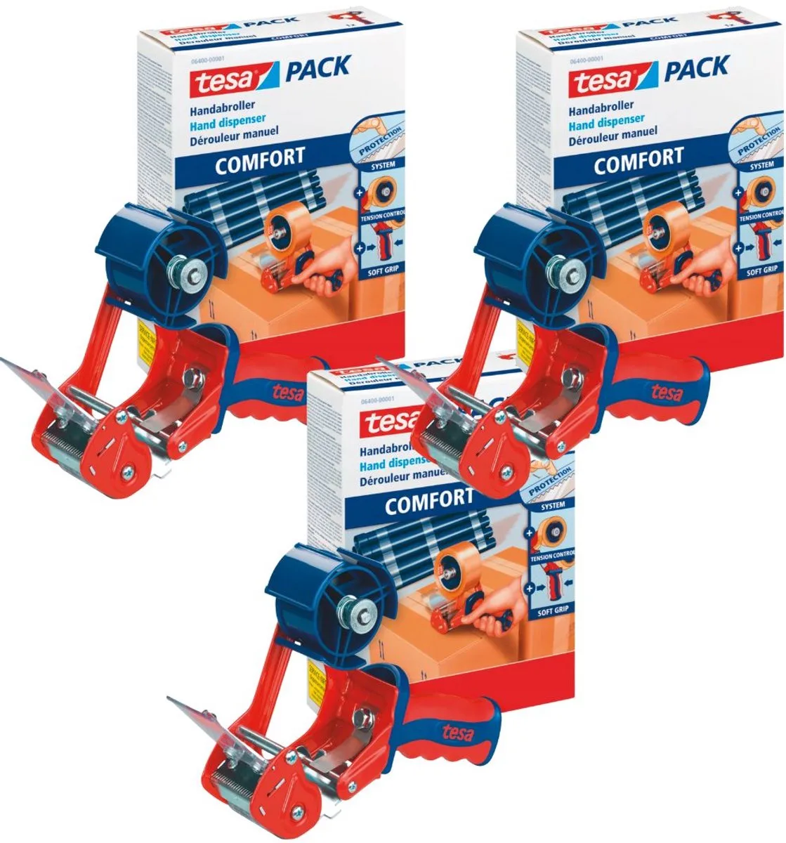 COMFORT Serie - Verpakkingstape Dispenser - Uitklapbaar Mes - Antislip Handgreep de tesa en Rouge, Bleu – photo produit