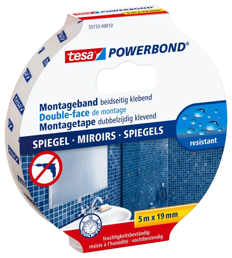 Doppelklebeband POWERBOND Spiegel Doppelseitiges Klebeband (Packung, 1-St) extra starkes Montageband - wasserfest / fürs Bad geeignet by tesa in White – product photo