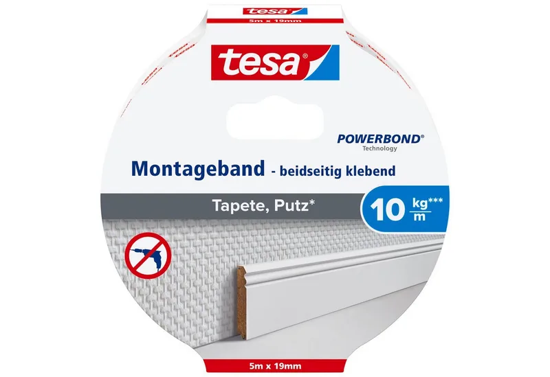Doppelklebeband POWERBOND Tapete, Putz Doppelseitiges Klebeband - 5 m : 19 mm (Packung, 1-St) Montageband extra stark - sichere Wandbefestigung ohne Bohren de tesa en Blanc – photo produit