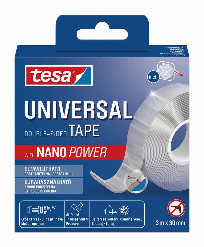 Doppelklebeband Universal Tape mit Nano Power, doppelseitig transparent, extra stark (Packung, 1-St., wiederverwendbares, leicht ablösbares Montageband für innen und außen) Nanotape zum Befestigen, Dekorieren, Organisieren, Kleben ohne Nägel van tesa in Wit – productfoto