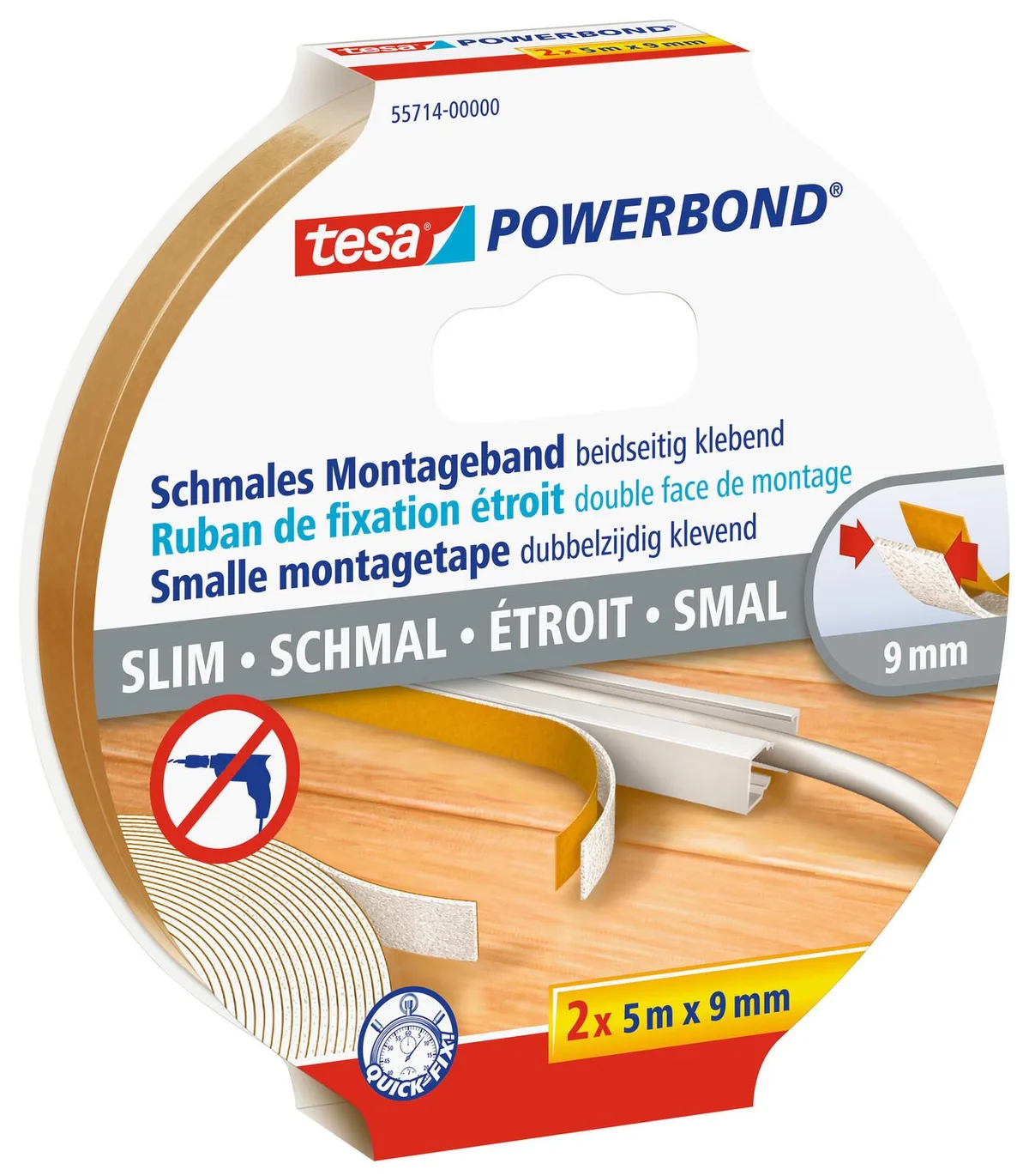 doppelseitiges Klebeband 9 mm x 5 m weiß fra tesa – produktbillede