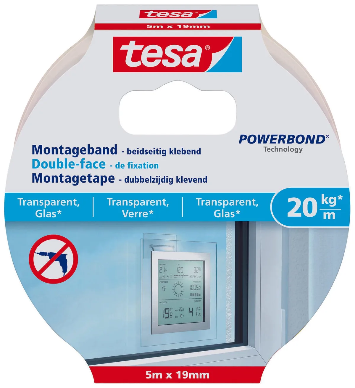 doppelseitiges Klebeband Montageband POWERBOND Glas 19,0 mm x 5,0 m de tesa – photo produit