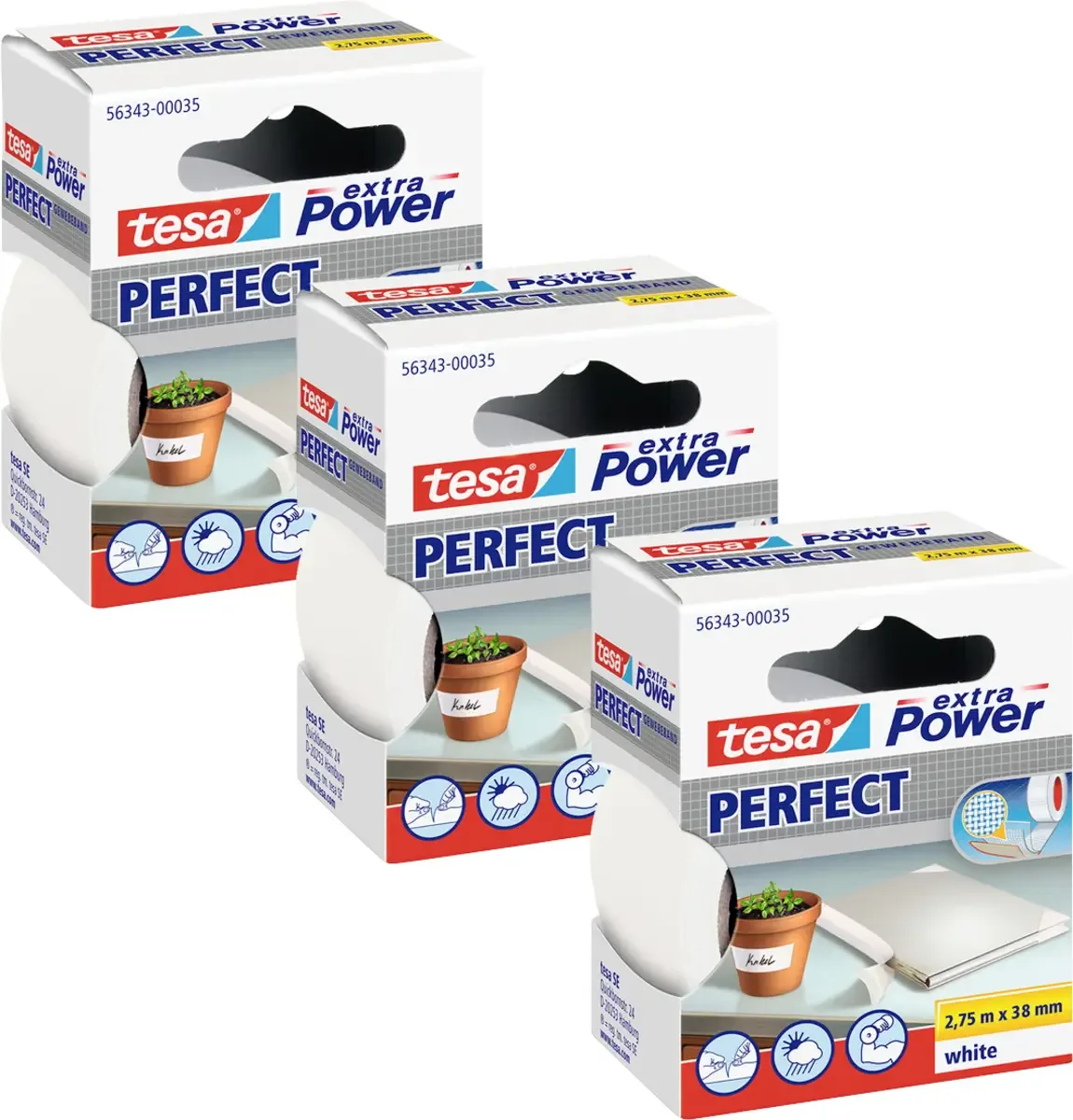 EXTRA POWER PERFECT 56343-00501-04 Ruban adhésif toilé (L x l) 2.75 m x 38 mm 3 pc(s) de tesa en Blanc – photo produit