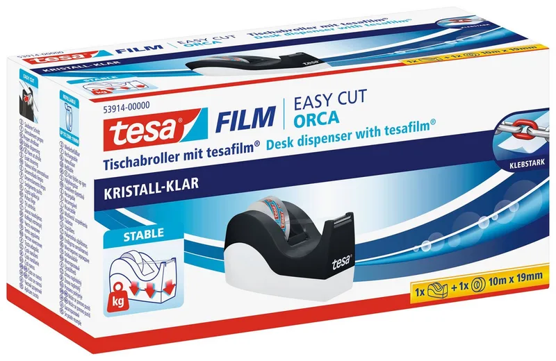 Klebeband EASY CUT ORCA Abroller mit tesafilm (Kombi-Set, 1-St) Klebefilmabroller inkl. 1 Rolle tesafilm kristall-klar - schwarz-weiß by tesa in Black – product photo
