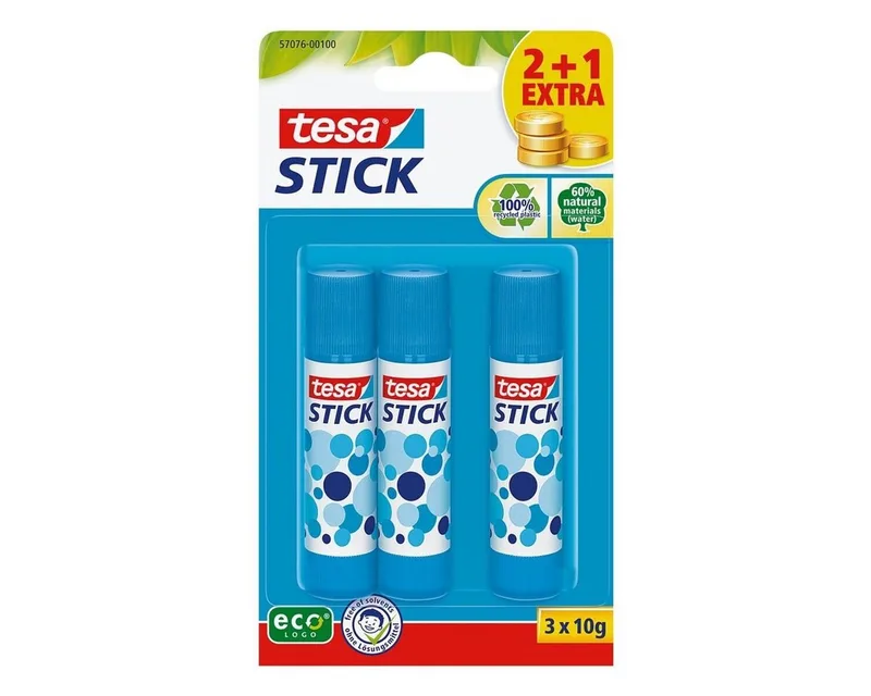 Klebestift Stick ecoLogo®, (3-tlg), 3er Set, Steckkappe mit Rollstopp, 3x 10 g von tesa in Blau – Produktfoto
