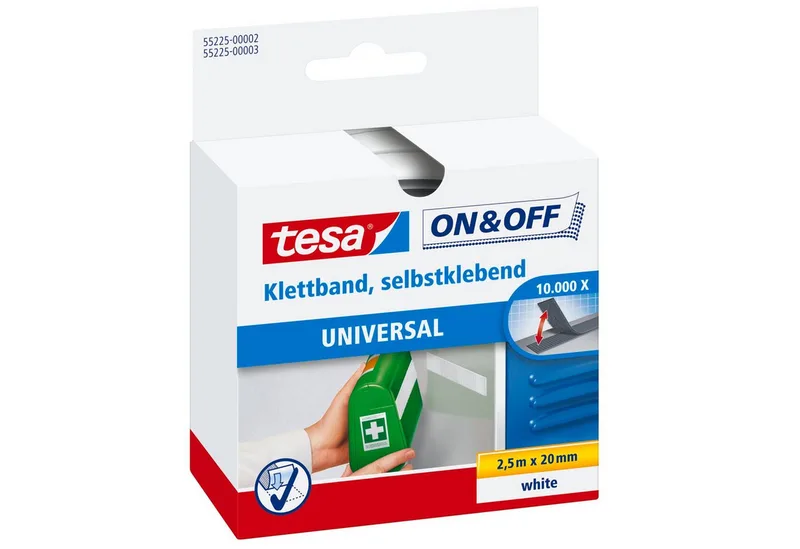 Klett-Klebeband ON & OFF Extra Strong Klettband (Packung, 1-St) selbstklebendes Klettband - extra stark - 2,5 m : 20 mm de tesa en Blanc – photo produit