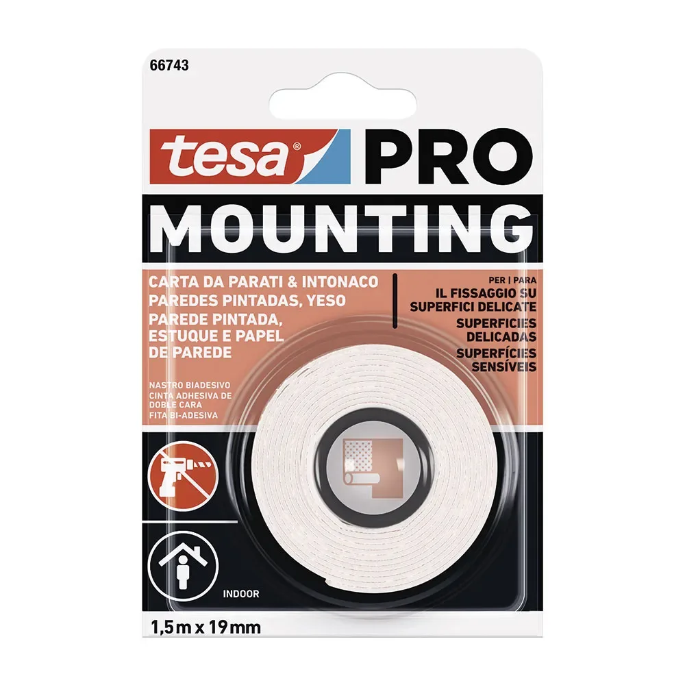 Montage De Ruban Adhésif Double Face Sur Un Mur Peint 1.5 M 19 Mm de tesa – photo produit