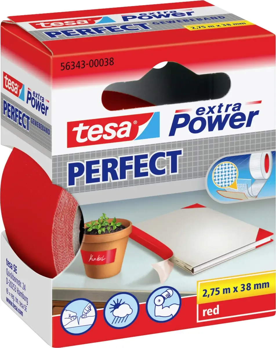 tesa® 56343 Gewebeband extra Power 2,75 m × 38 mm rot von tesa in Rot – Produktfoto