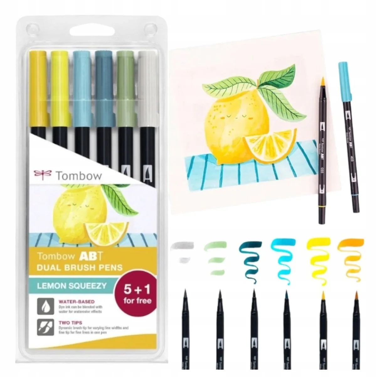 ABT Dual Brush Pen Markers, 6 stuks, Lemon Squeezy editie de Tombow en Multicolore – photo produit