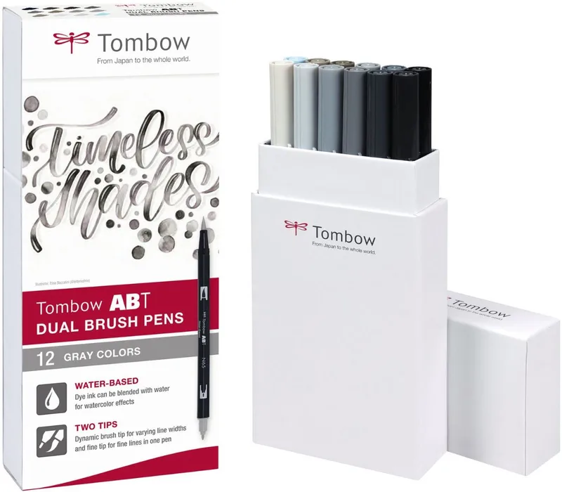 ABT Dual Brush Tekenpennen - Brushpennen - Grijze kleuren - Set van 12 stuks by Tombow in Grijstinten, Assorti – product photo