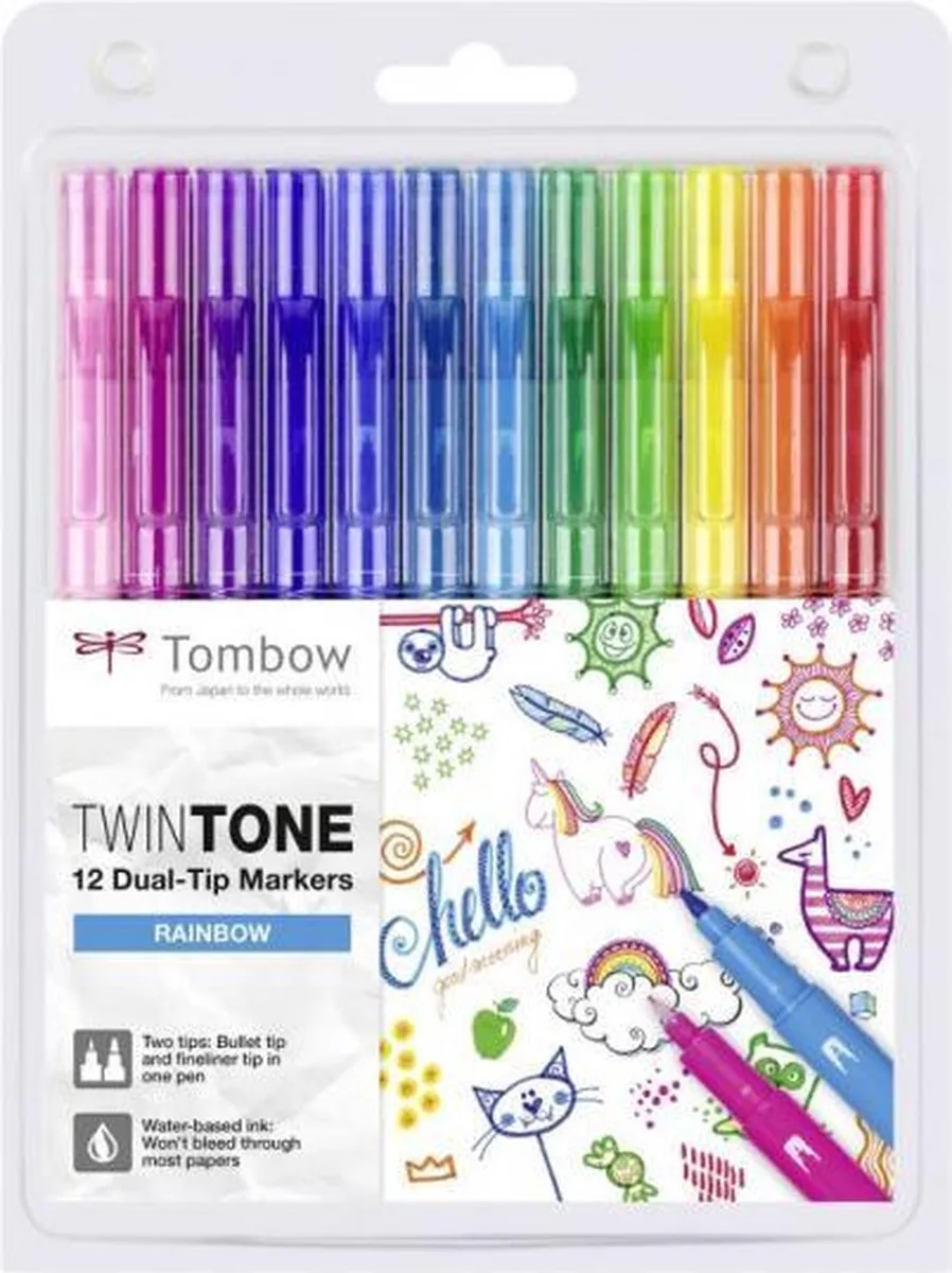 Dual-tip markers TwinTone, 12 pcs.-set rainbow colours (1x WS-PK 03 yellow, 06 yellow green, 07 green, 13 light blue, 17 prussian blue, 19 violet, 25 red, 28 orange, 45 french blue, 58 pale rose, 80 fuchsia pink, 84 turquoise). van Tombow in Meerkleurig – productfoto