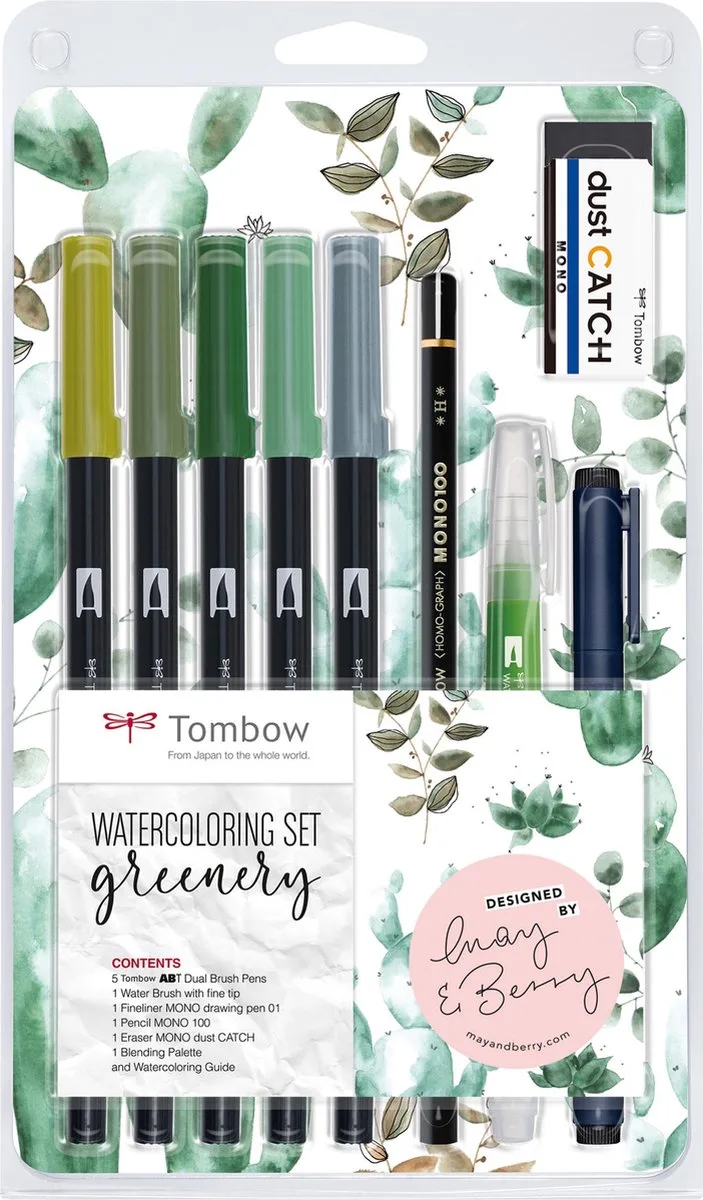 Watercoloring - Greenery - 5 ABT Dual Brush Pennen - Waterbrush - Fineliner - Gum van Tombow in Set – productfoto